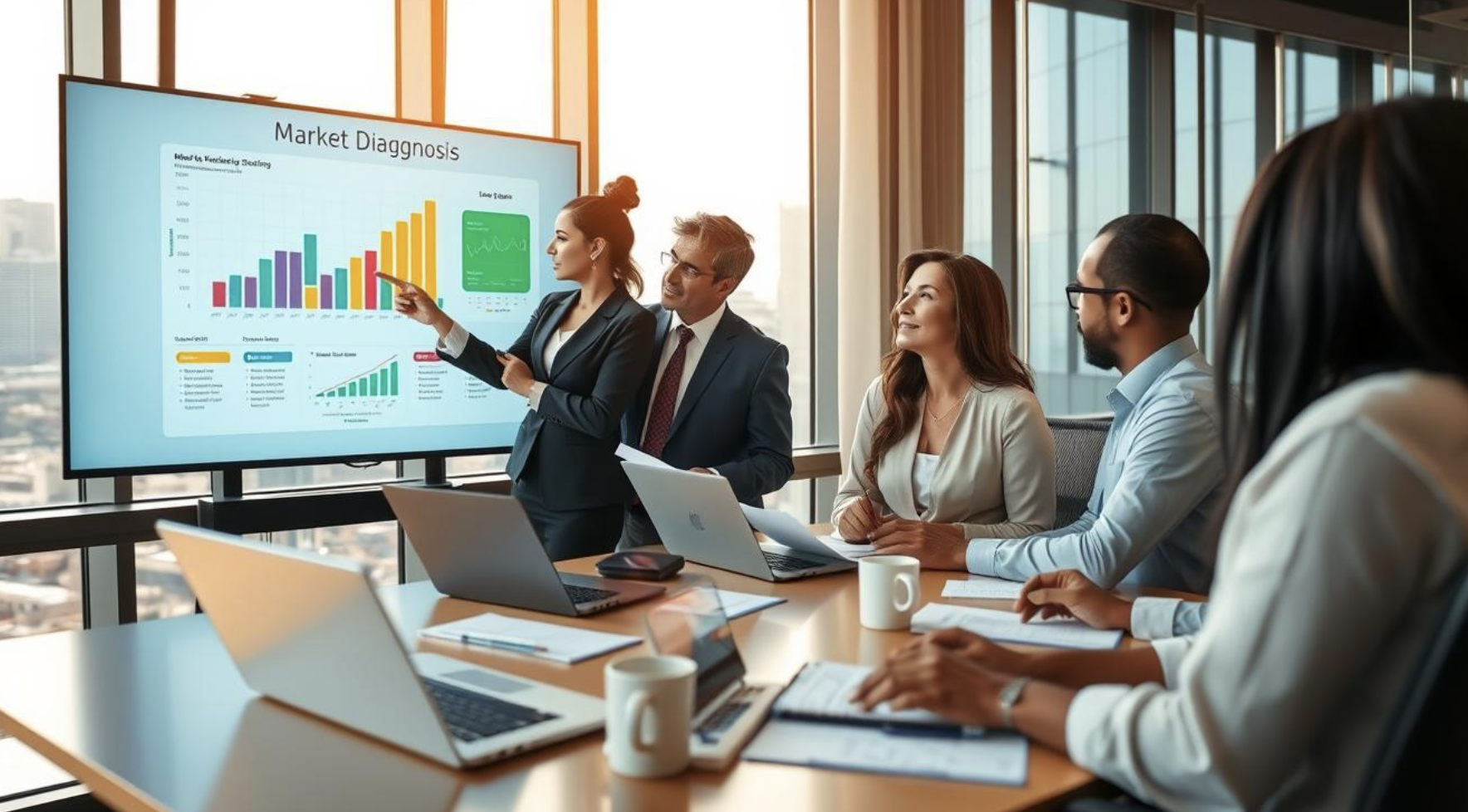 pessoas em uma sala de reunião analisando graficos