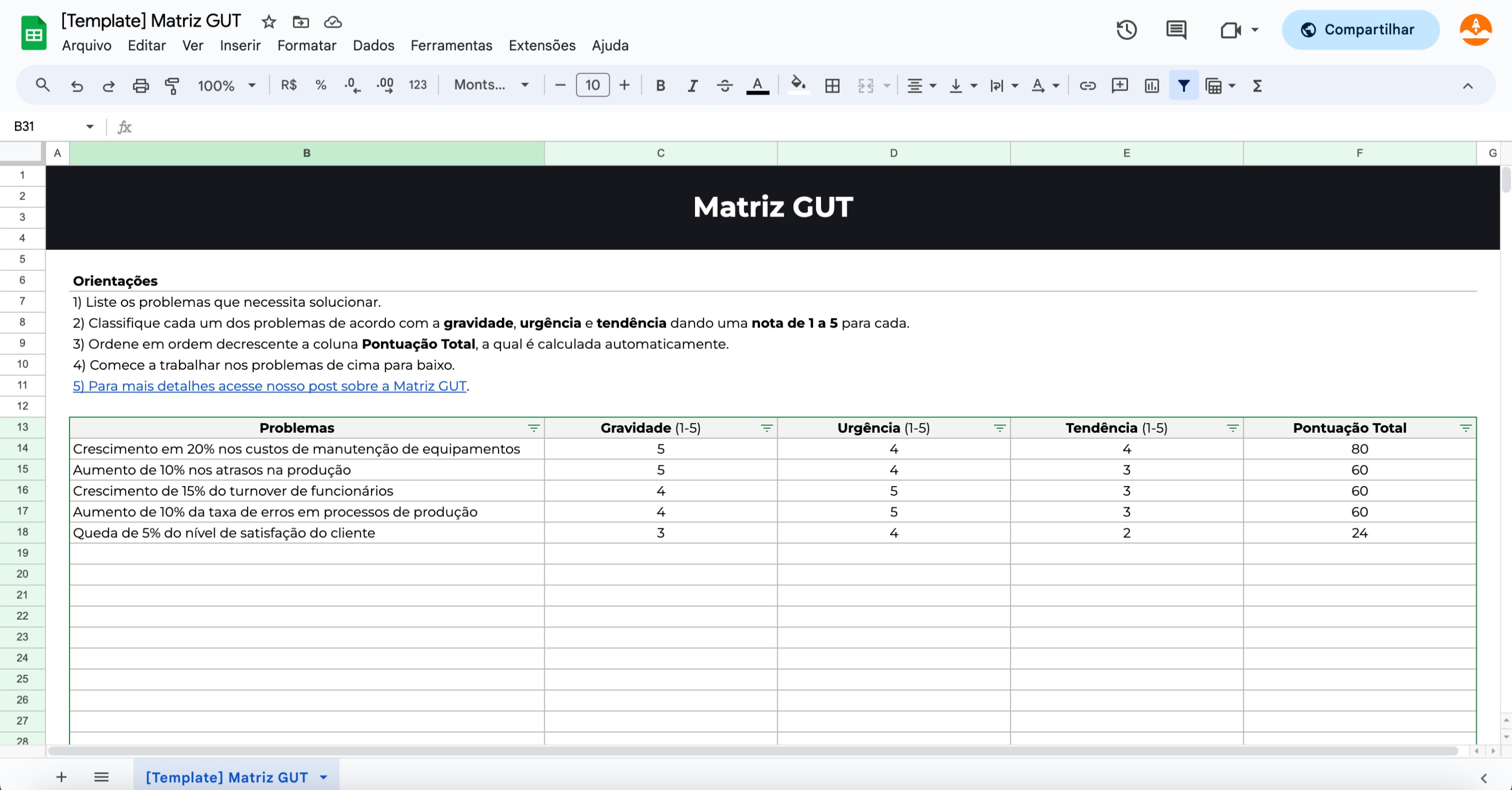 downalod template matriz gut para preencher